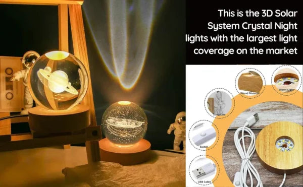 3d Galaxy Solar System Crystal Ball Night Light With Wooden Base