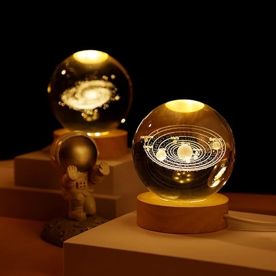 3d Galaxy Solar System Crystal Ball Night Light With Wooden Base