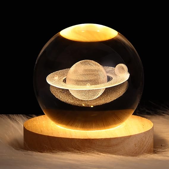 3d Galaxy Solar System Crystal Ball Night Light With Wooden Base